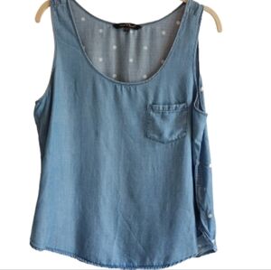 Velvet Heart Large Chambray Tencel Tank‎ Top Polka Dot Blue Sleeveless Pocket L